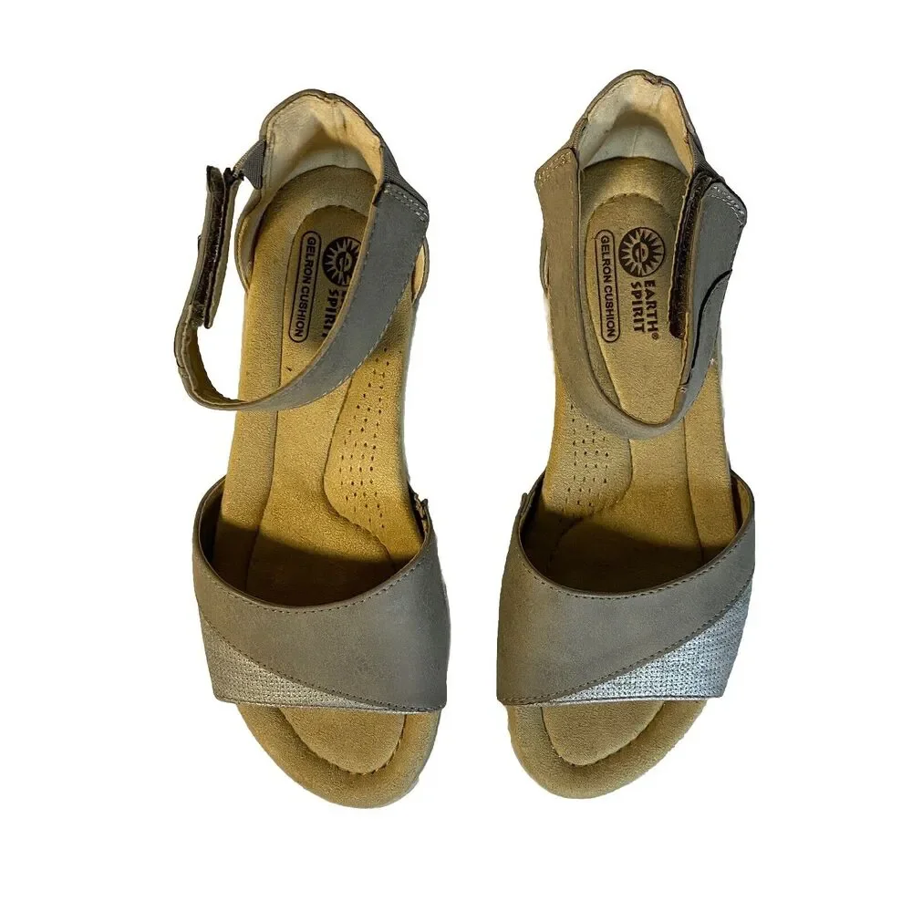 Earth Spirit Sandals 7 Taupe Silver Metallic‎ Comfort Wedge Ankle Strap Vacation